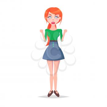 Angry screaming woman with wide open mouth isolated on white. Annoyed redhead girl avatar userpic in flat style design. Vector illustration of cranky human emotion in green blouse and blue skirt