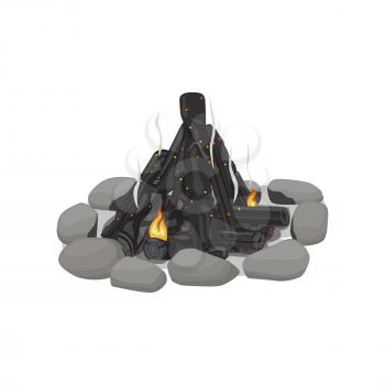 Smoldering bonfire lined with stones on white background. Black and grey color picture of firewood with small bright red flames. After outdoor pastime on nature. Isolated vector illustration.
