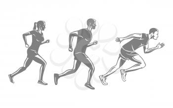Set of runners silhouettes. Men and woman run race. Sportsmen competition, achievement victory concept. Sport lifestyle colourless vector illustration. Motion movement in cartoon style flat design