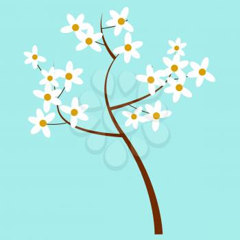 Cartoon young spring blooming cherry tree with white flowers on thin branches isolated vector illustration on blue background.