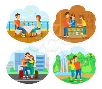 People eating by seaside in luxury restaurant vector. Souvenir shop couple buying toys, man and woman looking at map finding way, waterfall selfie