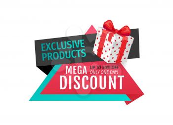 Exclusive products, mega discounts half of cost off vector. Special promotion, offer sale on presents in boxes bows. Clearance promo banner proposal