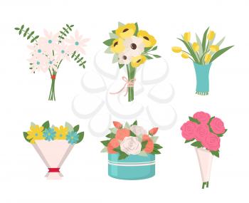 Pink roses put in container vector, isolated icons set, tulips in wrapping, tied together. Filling of bouquets, foliage and greenery leaves, fern. Early spring and summer flower for wedding