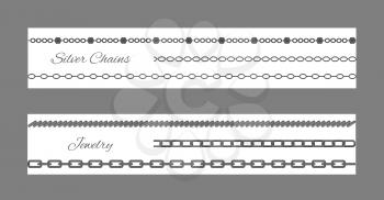 Silver chains and jewelry, cards set with headlines and text sample, ornaments and types of jewellery items, vector illustration isolated on grey