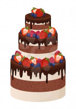 Three-tier cake with chocolate and cream layers decorated with ripe sweet strawberries isolated cartoon flat vector illustration on white background.
