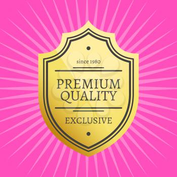 Exclusive premium quality best golden label guarantee since 1980 sticker award gold ribbons, vector illustration certificate isolated on pink background