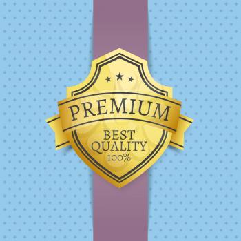 Premium best quality golden seal exclusive label, guarantee sign emblem vector illustration on blue dotted background, emblem with stars on purple ribbon