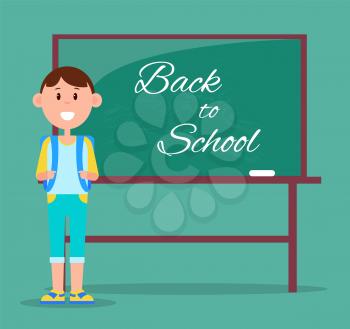 Back to school multicolored vector illustration with cute brunet boy standing near green blackboard with calligraphic inscription on it, brown frame