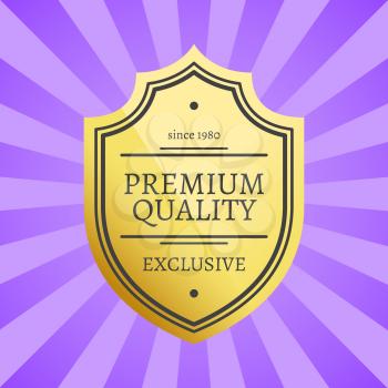 Premium quality since 1980 exclusive golden label, guarantee sign emblem logotype vector illustration on purple background with rays in flat style