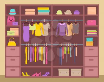 Huge upboard with varied clothes, color banner vector illustration with shirts, hats and shoes, lot of boxes two handbags, beige wall and brown floor