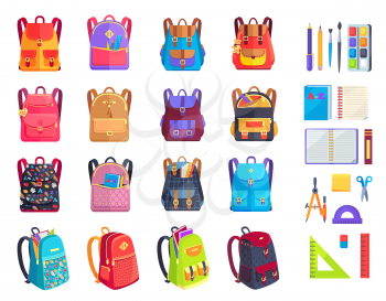 Colorful backpacks with patterns and metal locks and school supplies vector illustrations. Paint with brushes, convenient copybooks and stationery.