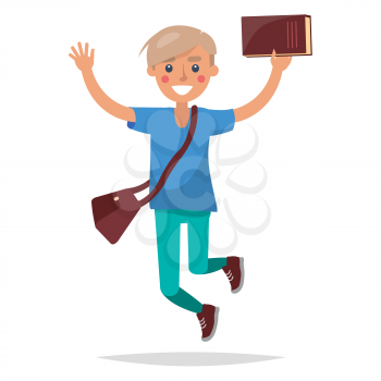 Jumping blond boy student in blue T-shirt, jeans and brown keds with book and briefbag smiles and raises his hands isolated on white background . Reaction for exams passing vector illustration.