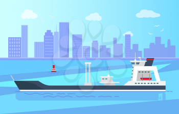 Spacious empty cargo ship on calm water surface with red buoy, high skyscrapers, blue sky and white gulls on horizon vector illustration.
