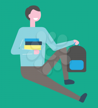 Male student sitting on floor with pile of books and backpack, vector isolated person. College learner having break, teenager in green sweater and trousers