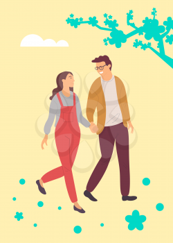 Happy people walking among spring sakura blossoms isolated. Vector dating couple in love, male and female characters spend time together, cartoon flat style
