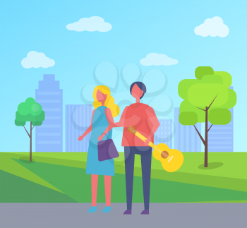Young couple walking in park cartoon on backdrop of skyscrapers and trees. Man with guitar in arm and woman with bag holding hands, relaxing outdoors