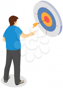 Man in business suit stands near large target. Businessman looking at target with arrow in middle as symbol of achieved goal. Male character throwing arrow, symbol of business success, development