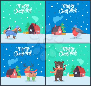 Merry Christmas animals posters with greeting set vector. Bullfinch standing on horse wearing sweater. bear with scarf, reindeer with horns and bird