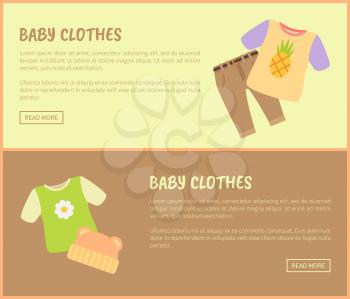 Baby clothes text sample and headlines set, collection of web pages with tee and pants, hat and t-shirt, baby clothes isolated on vector illustration