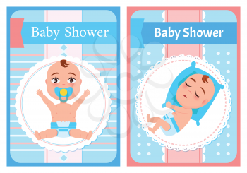 Baby shower posters set, newborn lying on its side and sleeping. Vector dormant child in diaper and infant with pacifier sitting and stretching hands