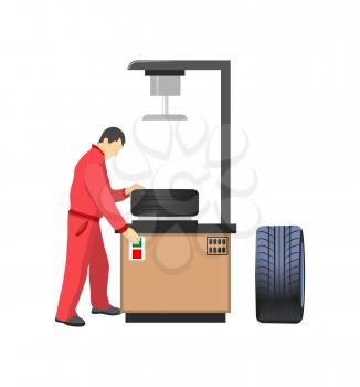 Car tire production machine, mechanic in overalls. Auto parts, vehicle details and factory worker, rubber product for transport vector illustration
