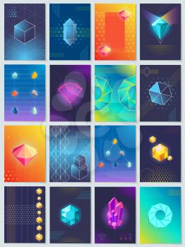 Abstract geometric shapes and shiny luminous crystals vector illustrations on futuristic bright posters set. Stylized unusual pictures collection.