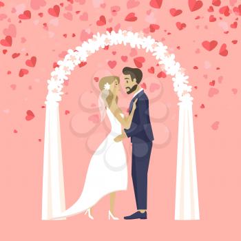People celebrating wedding day vector, man and woman wearing formal clothes standing under arch decorated with veil and mesh, hearts and love flat style