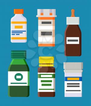 Bottles, jars of pills and medical syrups set. Medicaments with liquids from diseases or pain in containers isolated cartoon vector illustrations.