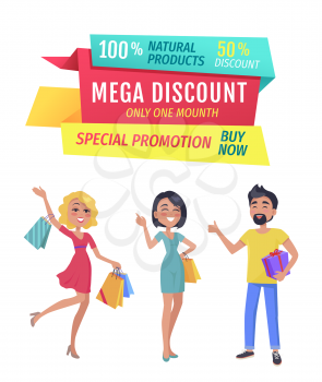 Exclusive product mega discount buy now promotion only one day. Smiling shopping clients with bags and presents wrapped in decorative paper vector