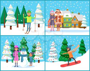 Winter activities of people, set of characters at holidays. Man and woman with cups of coffee in village with houses. Male skiing in forest. Mother with kid sculpting snowman. Guy snowboarding vector