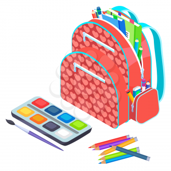 School objects, paints with tassel, colorful pencils, notebook and pen in backpack. Educational equipment, textbook and writing accessory, education. Back to school concept. Flat cartoon isometric 3d