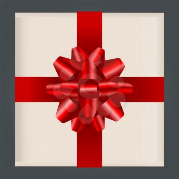 Square shaped box tied by red ribbon and big bow. Festive shiny knot with tape on present package. Gift inside big carton receptacle isolated on grey background. Vector illustration in flat style