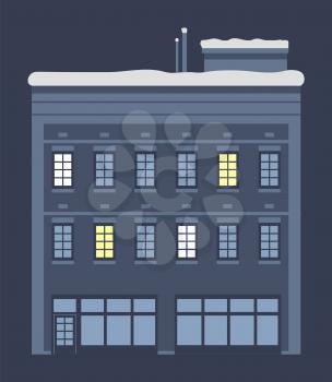 Construction at winter night. Isolated building with lights in windows and entrance. Modern architecture of home. House with roof covered with snow. Facade and exterior. Flat vector illustration