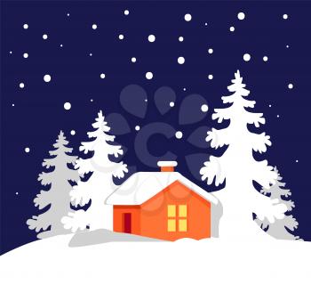 Pretty orange house with luminous window in snowy forest with white trees and snowfall vector illustration of winter evening isolated on dark blue