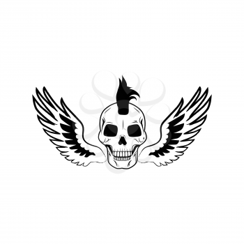 Skull wearing interesting hairstyle of punk, wings with black feathers, image depicted on vector illustration isolated on white background
