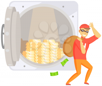 Cartoon thief carrying big money bag. Man walking carefully, bandit carries sack with money. Funny burglar stealing money from bank vault. Dangerous criminal thief takes banknotes out of bank