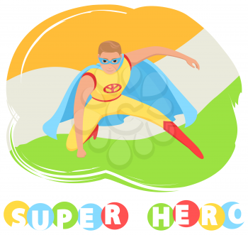 Brave superhero on colored background vector banner. Courageous superman in superhero yellow costume with cloak, mask and emblem hurries to save world. Strong savior protects people from villains