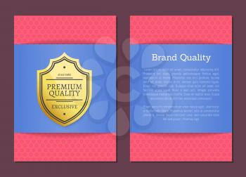 Brand quality poster premium choice since 1980 exclusive golden label, guarantee sign emblem logotype vector illustration on pink and blue background