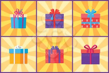 Collection of present packages surprises vector illustrations. Gift boxes in decorative wrapping with color ribbons and bows isolated on rays.