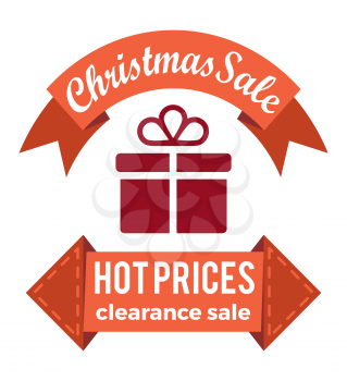 Christmas sale hot prices clearance, headline written on ribbons of brown color, icon of present with decorative lace and bow vector illustration