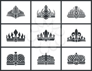 Crown silhouette collection, crowns set of different types with ornaments and contours, objects vector illustration, isolated on white background