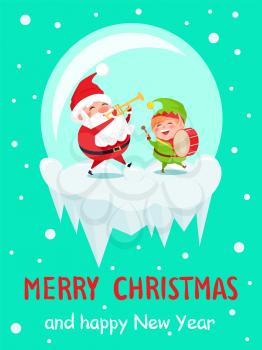 Merry Christmas and Happy New Year greeting card Santa and Elf dancing at music playing on trumpet and drum musical instruments vector cartoon heroes