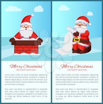 Merry Christmas and Happy New Year poster with text, Santa Claus in chimney, reading wish list vector illustration smiling Xmas symbol postcard design