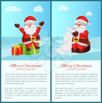 Merry Christmas, banners set with Santa Claus with stretched hands, sitting on presents, winter character reading wishes vector illustration