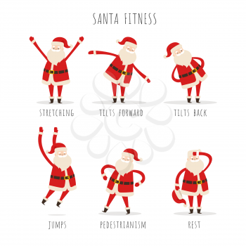 Set of active Santa fitness to keep fit in winter on white background. Vector illustration of man s activities stretching body, tilts forward and back, high jumps, doing pedestrianism and rest.