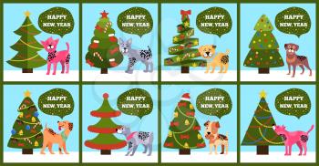 Greeting cards on green background, merry wishes Happy New Year from dotted puppies under Christmas trees set vector illustration postcards with dogs
