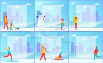 Winter activities posters set representing mother and her child walking dog, snowman and skiing man, filling form in centre on vector illustration