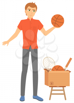 Young man selling sports equipment. Tennis rocket and basketball ball in cardboard box. Garage sale or flea market concept flat vector illustration. Event for sale used goods