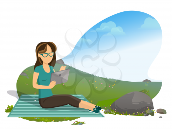 Woman relaxing on nature vector, person reading book on gadget, ebook reader, tourism of female. Natural environment and rest, rock and foliage flat style. Mountain tourism. Flat cartoon