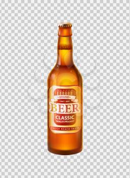 Craft beer in bottle with cap. Low alcohol drink made of hop and barley in glass container. Label on beverage realistic 3D vector on transparent backdrop